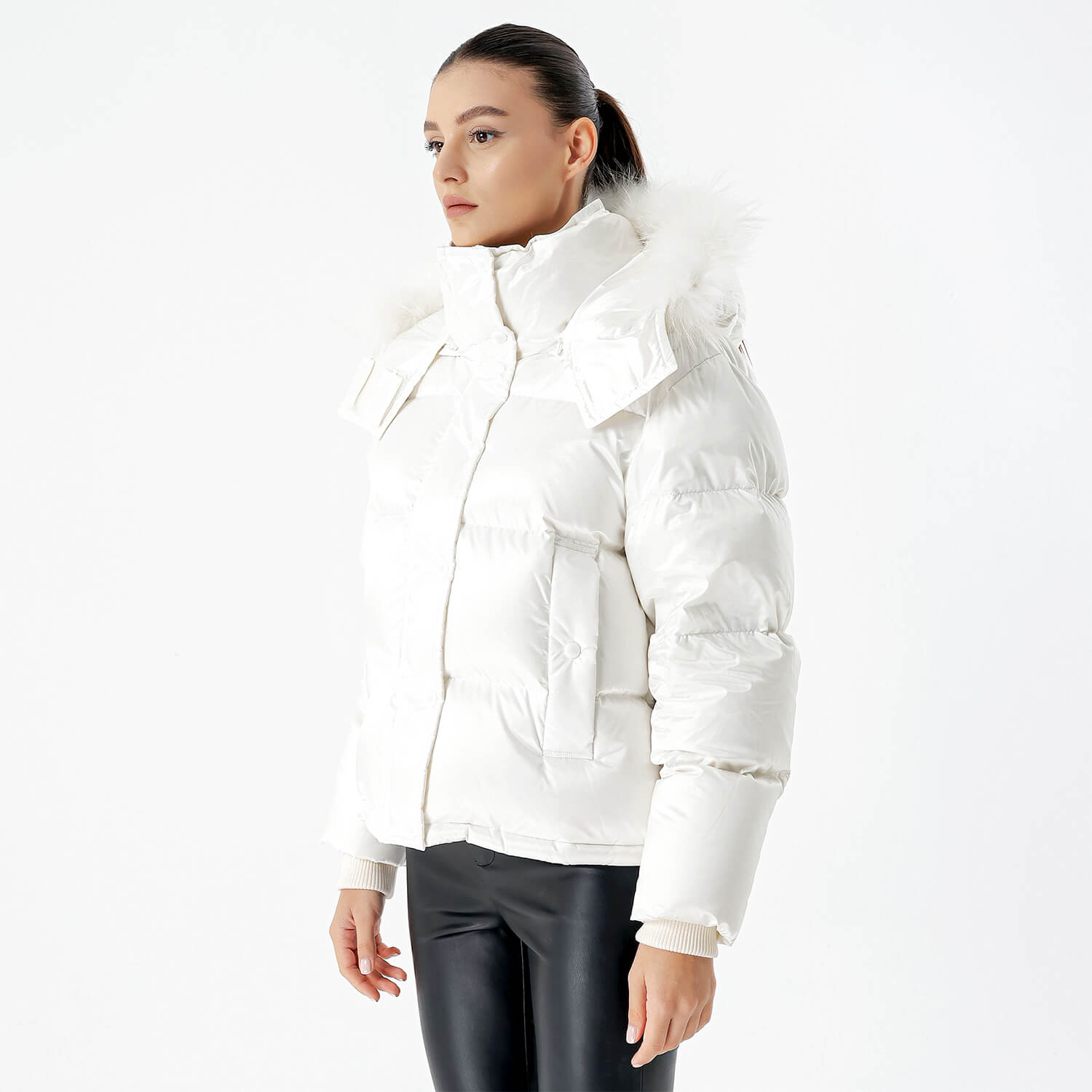 Mo &Co - White Fur Detail Puffer Hooded Coat